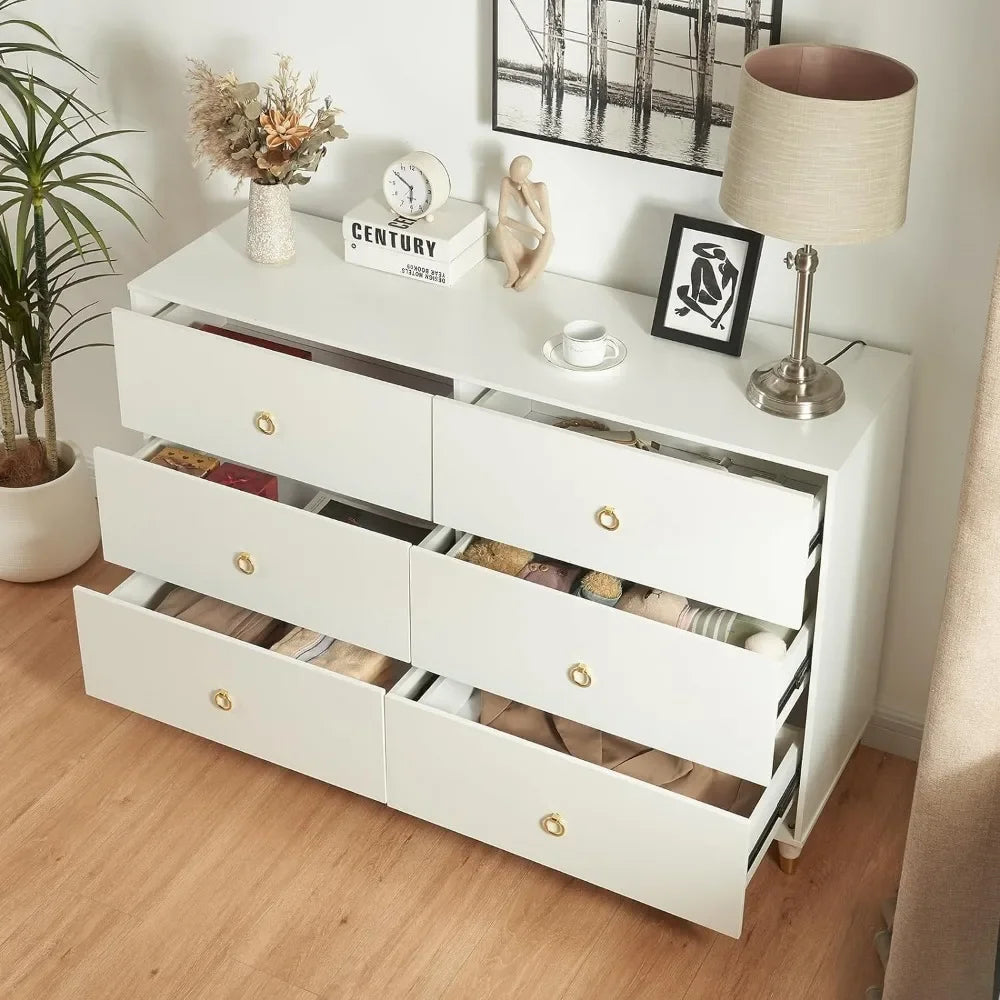 White Modern Storage Dresser Cabinet With Wide Drawers