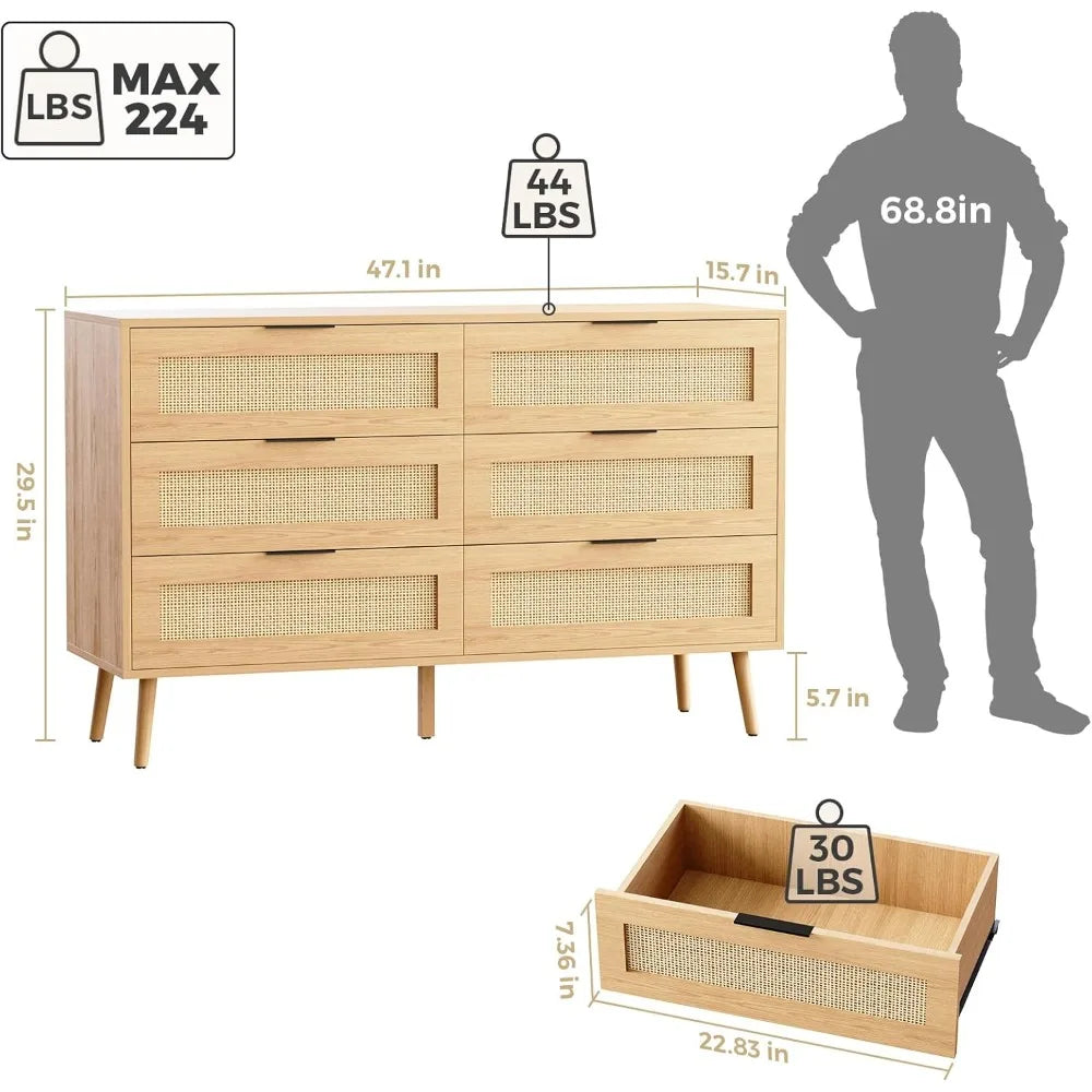 Natural Rattan Dresser with 6 Drawer Chests