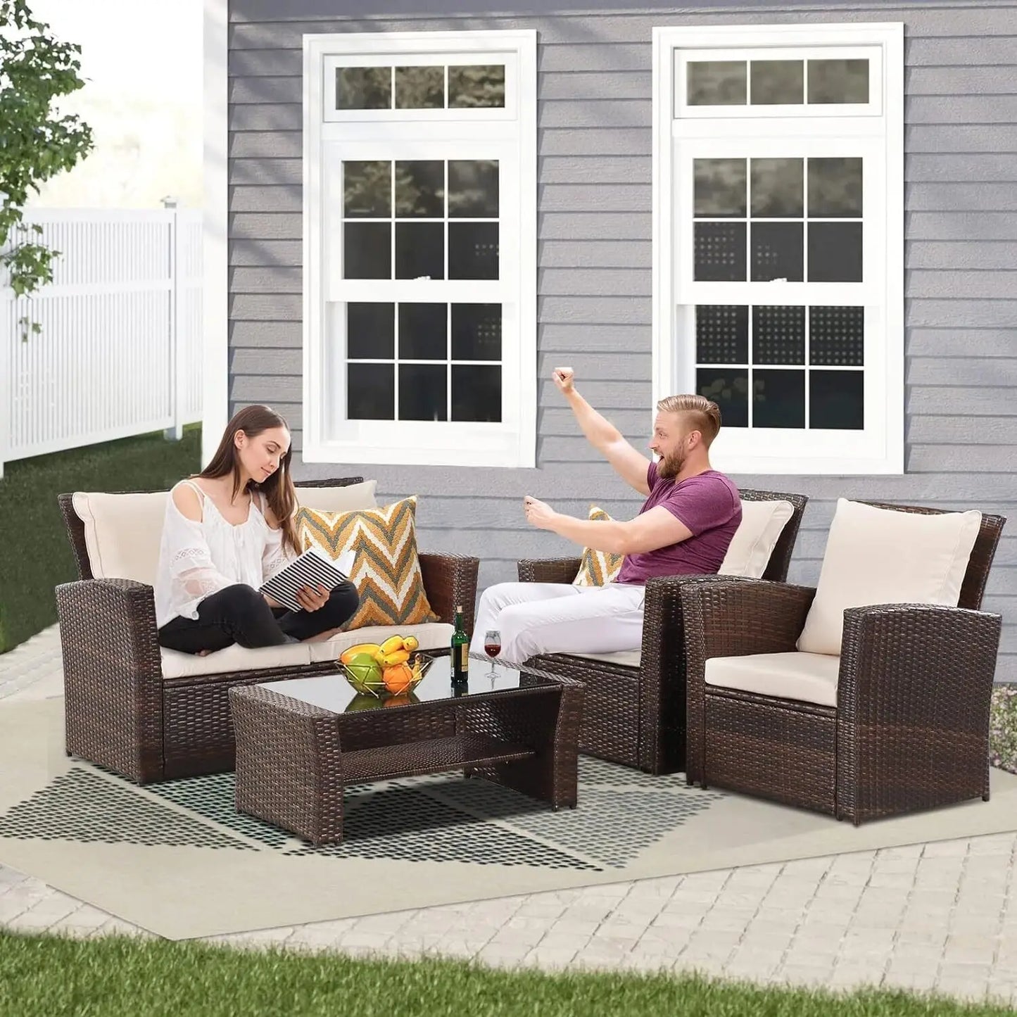 Patio Outdoor Sofa Chair, Cushion, and Coffee Table