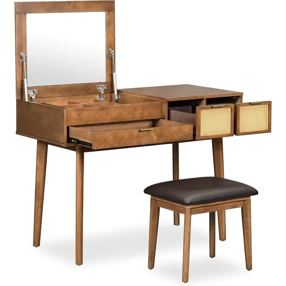 Vintage Makeup Vanity Desk Flip-Top Mirror and Stool