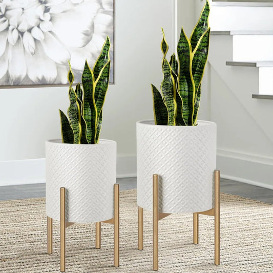 White Planters With Gold Plant Stands