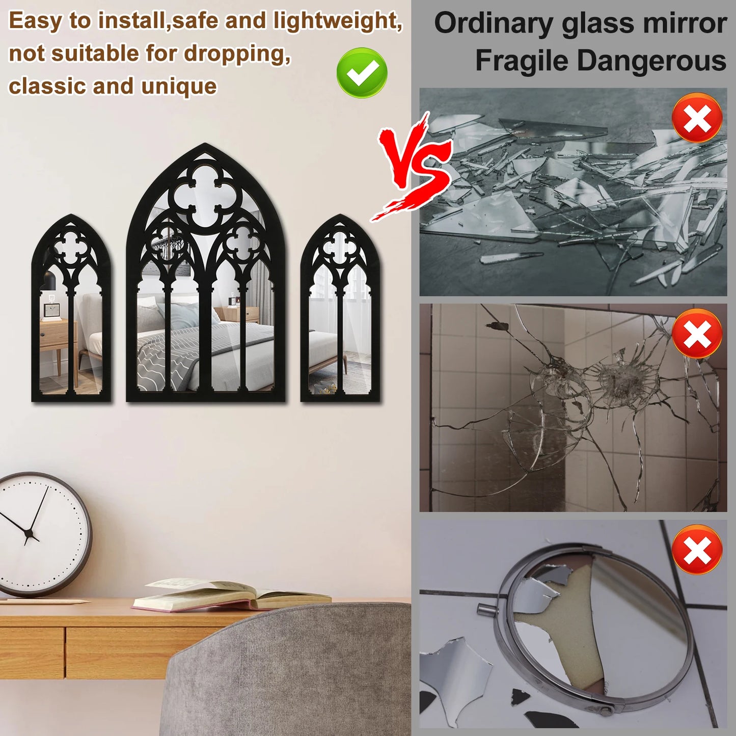 3-Piece Gothic Vintage Cathedral Window Mirrors