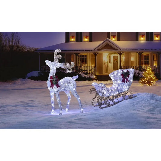 Pre-lit Metal Reindeer and Sleigh With Bright LED Lights