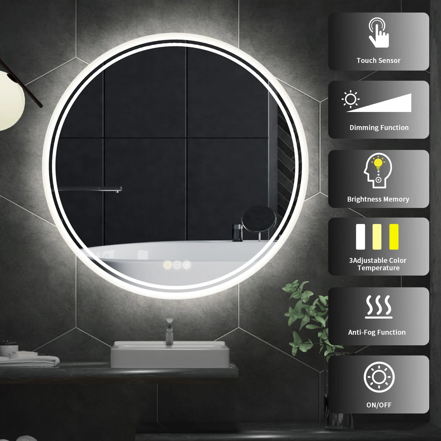 Touch Screen Dimmable Anti-fog Bathroom LED Light Mirror