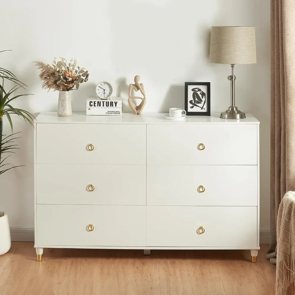 White Modern Storage Dresser Cabinet With Wide Drawers