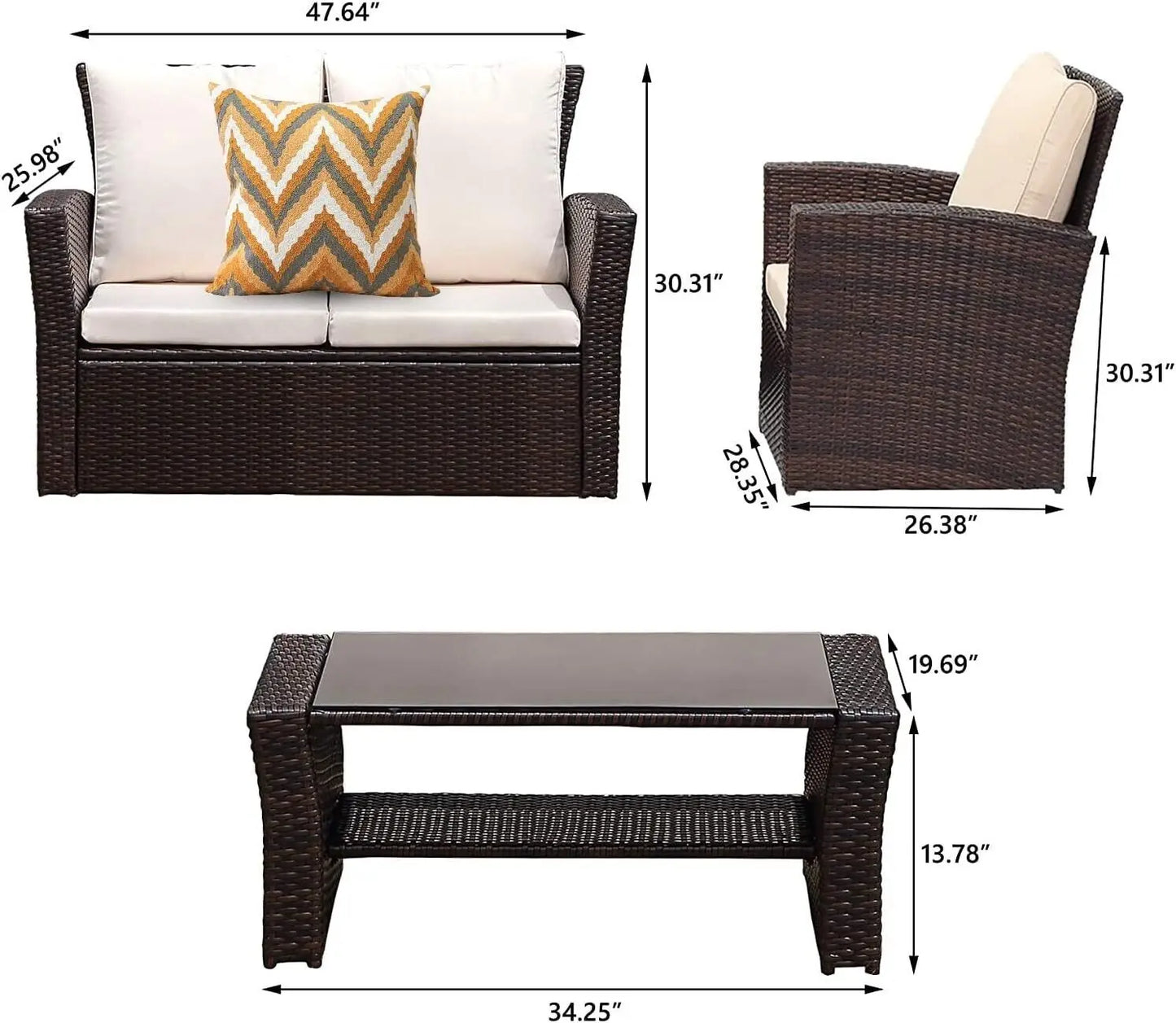 Patio Outdoor Sofa Chair, Cushion, and Coffee Table