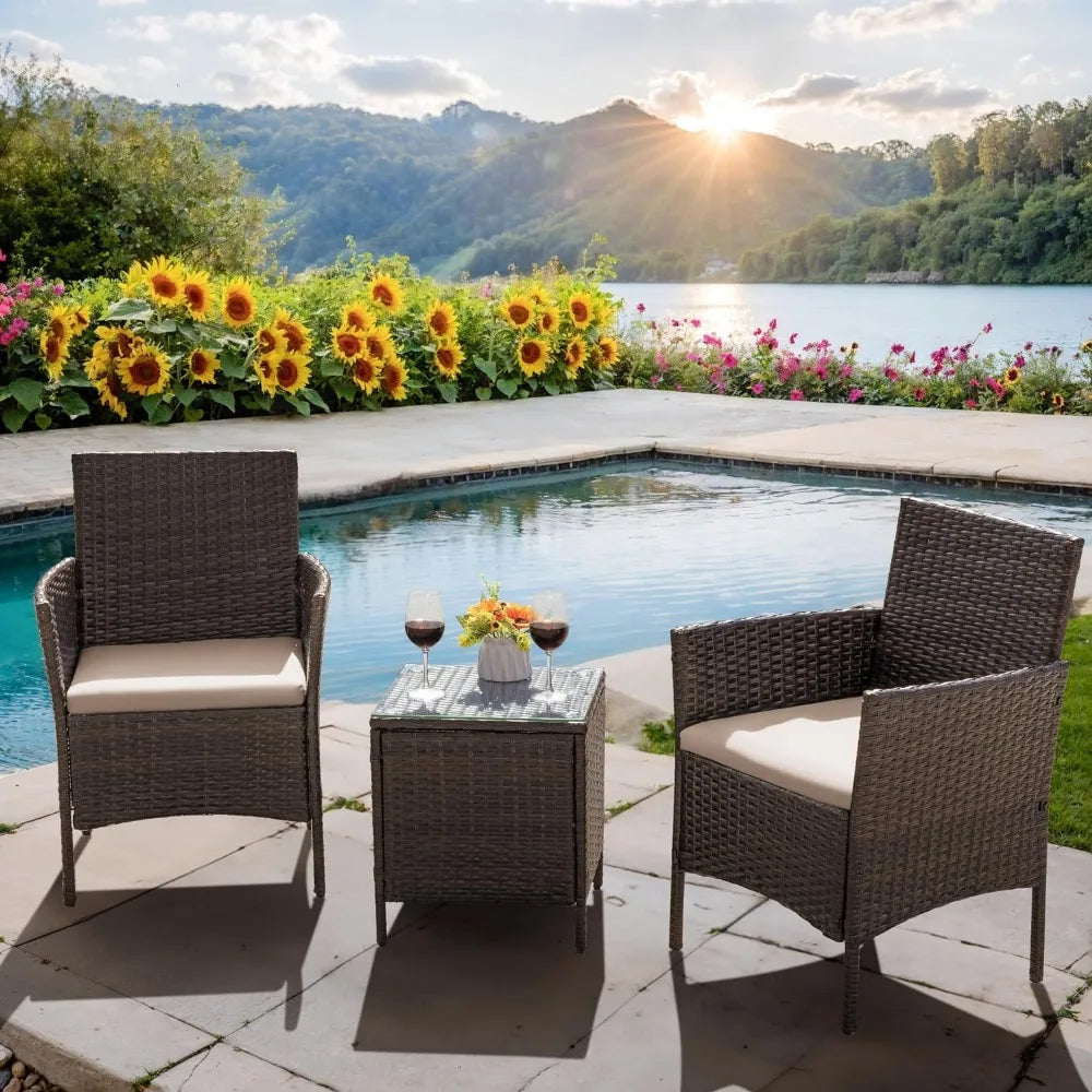 3-Piece Patio Chairs With Tempered Glass Table