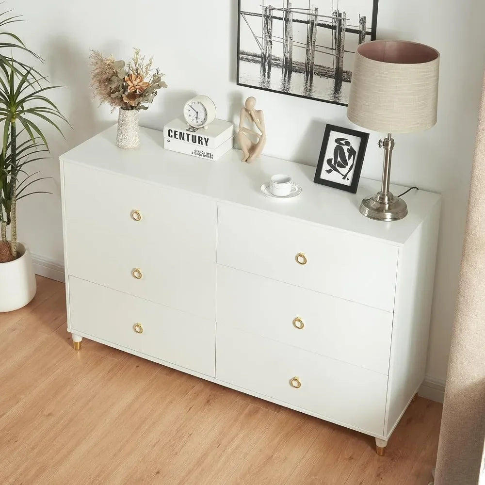 White Modern Storage Dresser Cabinet With Wide Drawers